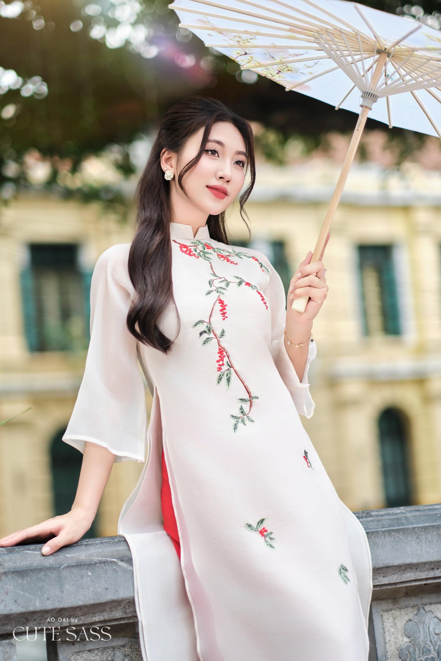 Cream Holly Berries Ao Dai Set (Red Pants) | Pre-made Traditional Vietnamese Ao Dai| Women Ao Dai with Pants | Lunar New Year|5C