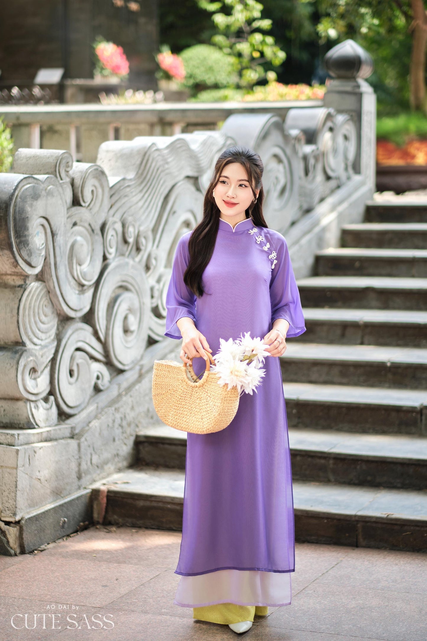 Purple Chiffon Pearl Bows Ao Dai Top Set with Lime Gam Pants| Pre-made Modernized Viet Ao Dai| Pastel Ao Dai | Lunar New Year|40D