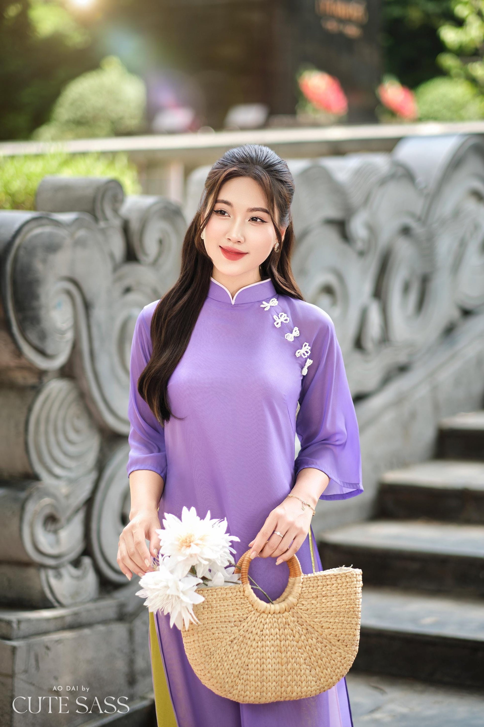 Purple Chiffon Pearl Bows Ao Dai Top Set with Lime Gam Pants| Pre-made Modernized Viet Ao Dai| Pastel Ao Dai | Lunar New Year|40D