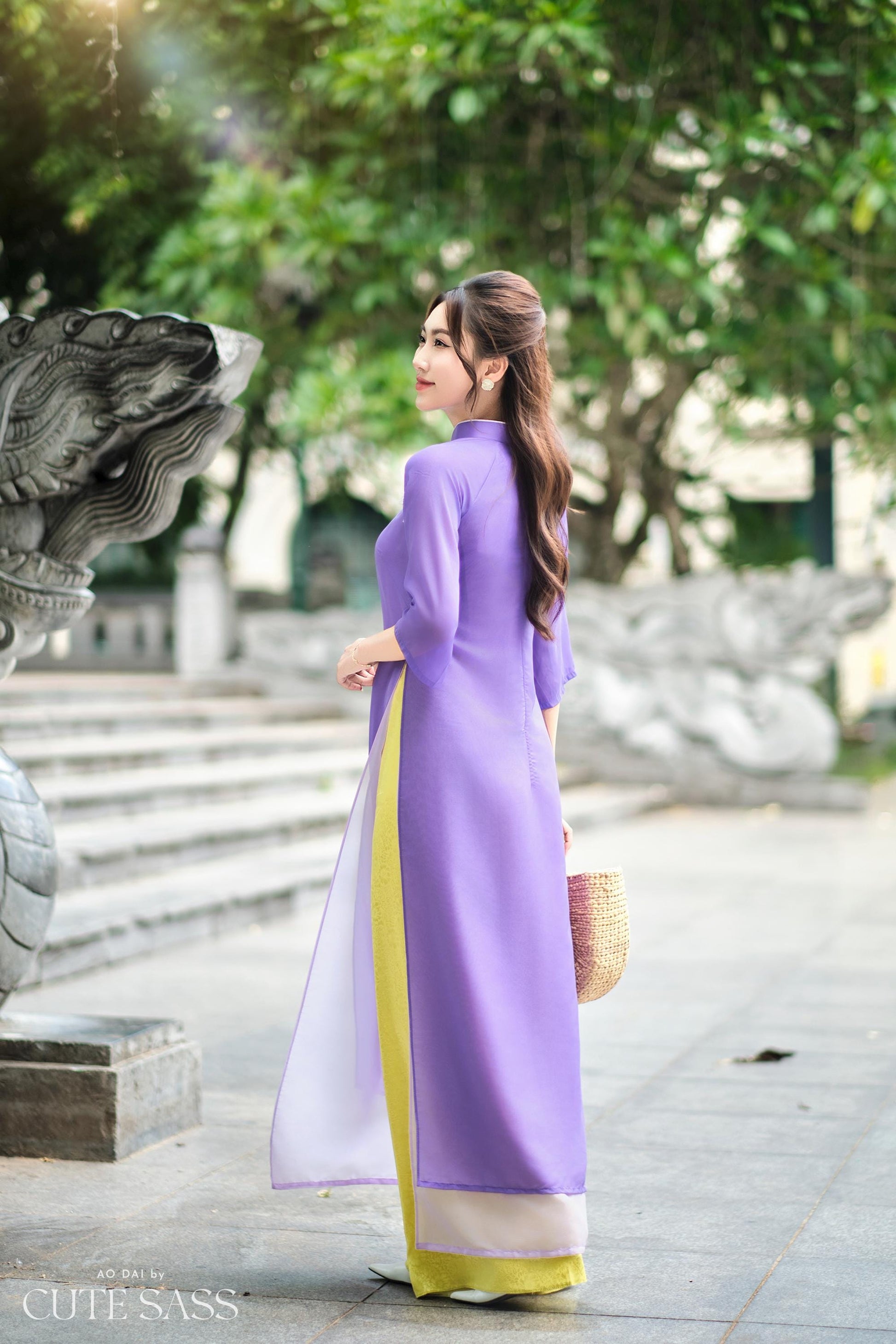 Purple Chiffon Pearl Bows Ao Dai Top Set with Lime Gam Pants| Pre-made Modernized Viet Ao Dai| Pastel Ao Dai | Lunar New Year|40D