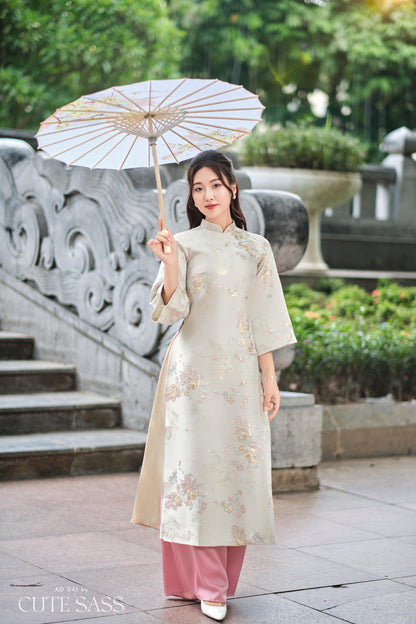 Cream and Gold Butterfly Garden Shifted Ao Dai Set (3 COLORS) |Pre-made Modernized Vietnamese Ao Dai | Lunar New Year| 1-2D
