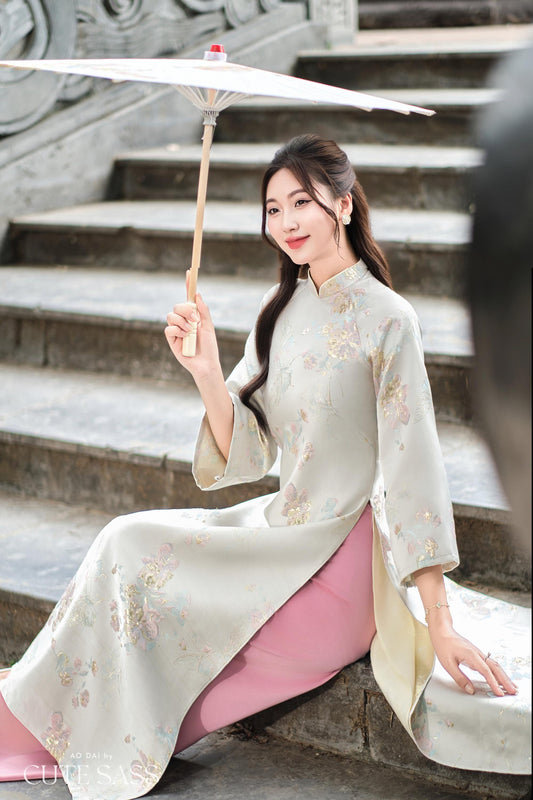 Cream and Gold Butterfly Garden Shifted Ao Dai Set (3 COLORS) |Pre-made Modernized Vietnamese Ao Dai | Lunar New Year| 1-2D