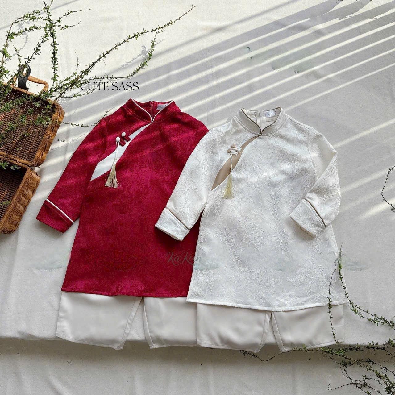 Boy Red/White Silk Button Ao Dai Top | Pre-made Traditional Vietnamese Ao Dai | Lunar New Year | Ao Dai for Boy|