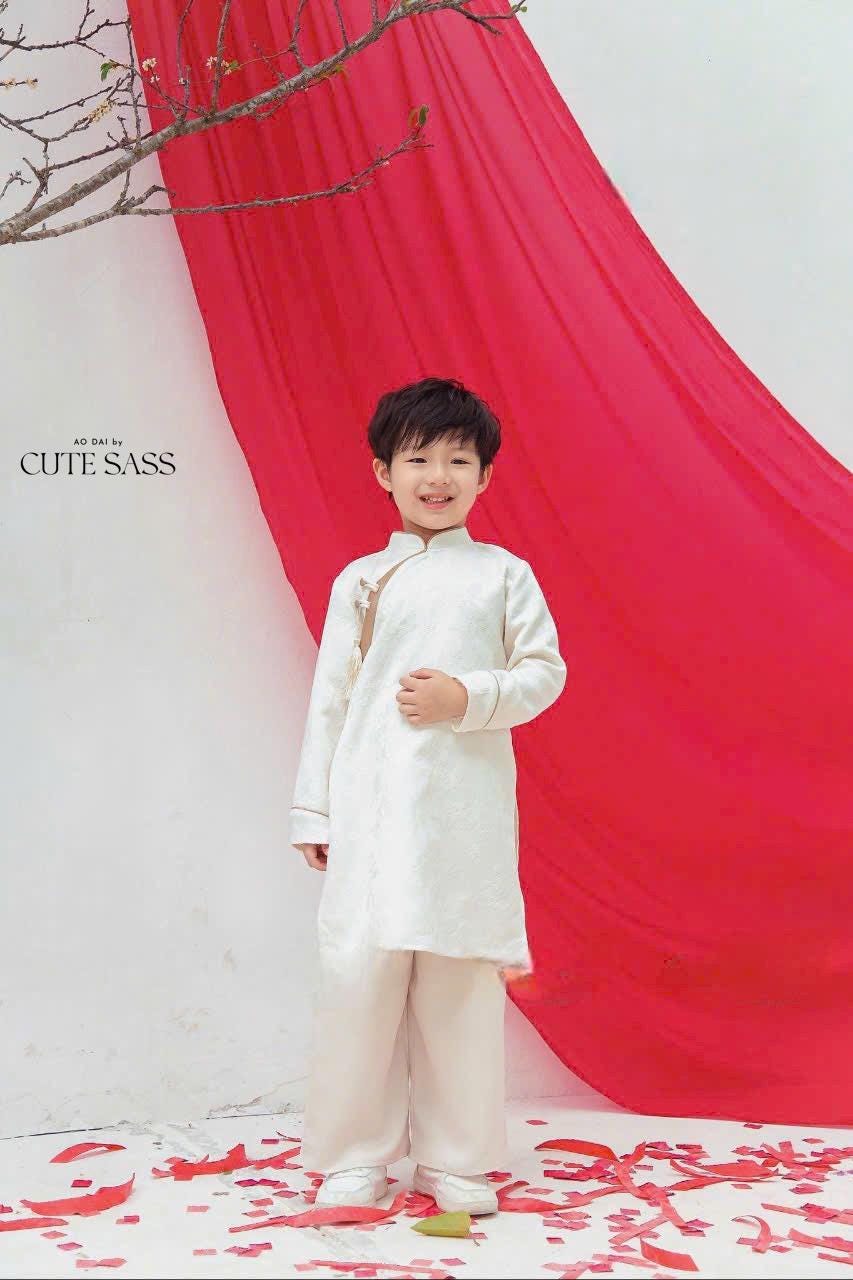 Boy Red/White Silk Button Ao Dai Top | Pre-made Traditional Vietnamese Ao Dai | Lunar New Year | Ao Dai for Boy|