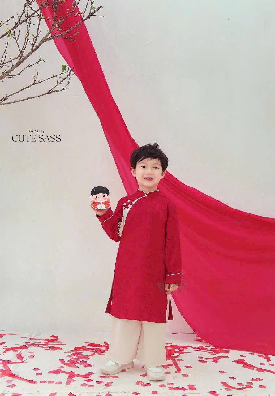 Boy Red/White Silk Button Ao Dai Top | Pre-made Traditional Vietnamese Ao Dai | Lunar New Year | Ao Dai for Boy|