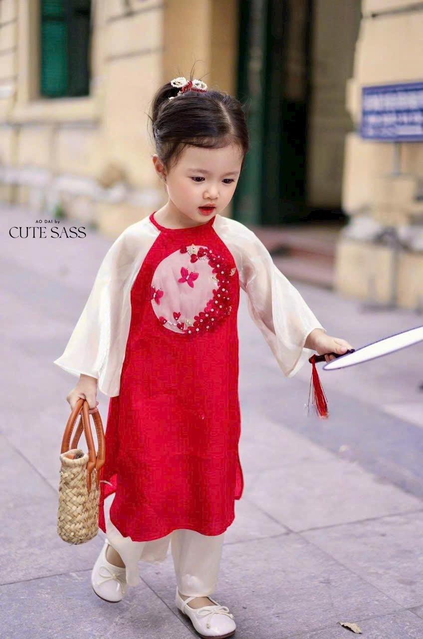 Girl Red/Pink Butterflies Ao Dai Set 24C-D| Pre-made Traditional Vietnamese Ao Dai|Lunar New Year| Kid Ao Dai| Ao Dai for Girl |24C-D