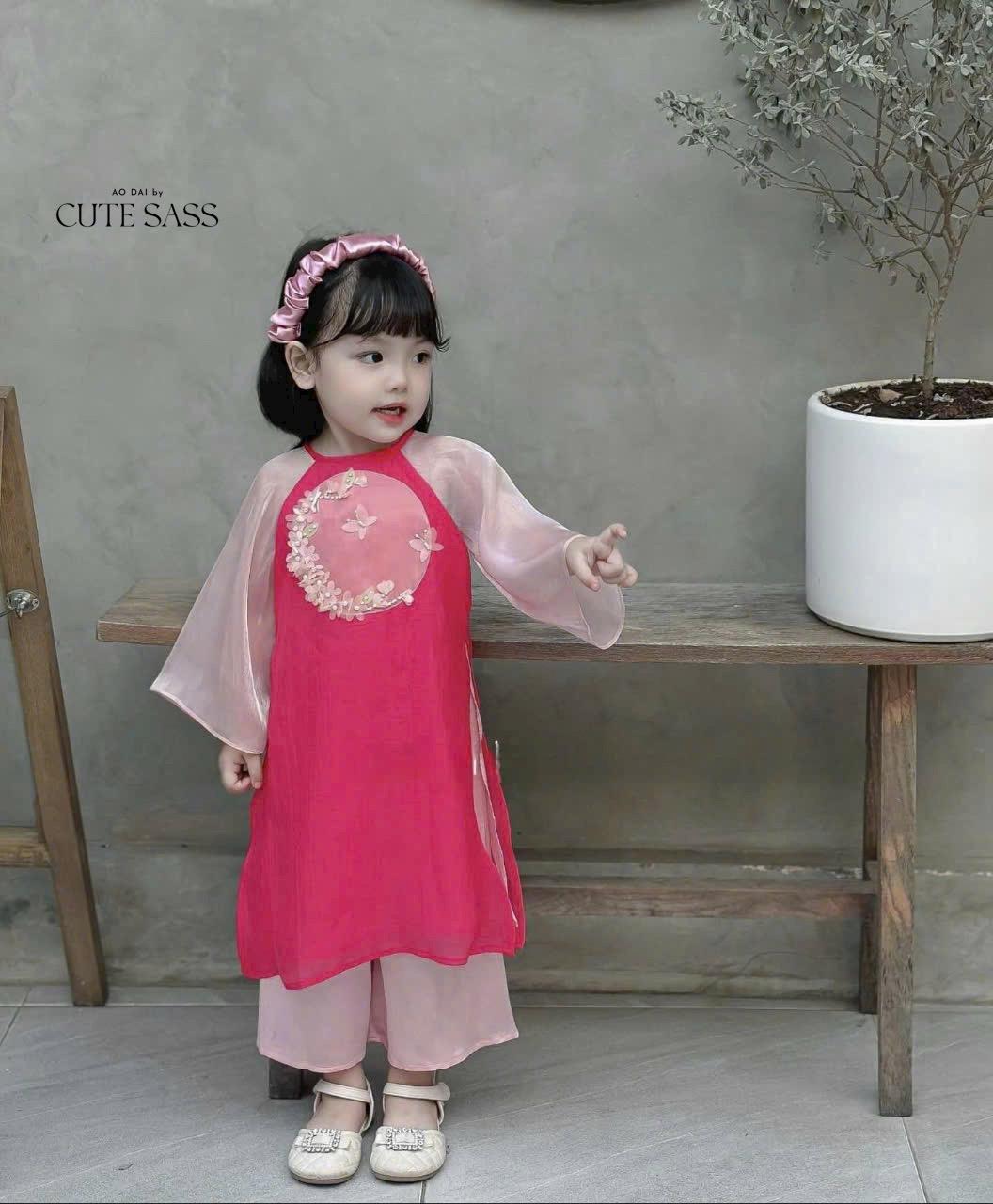 Girl Red/Pink Butterflies Ao Dai Set 24C-D| Pre-made Traditional Vietnamese Ao Dai|Lunar New Year| Kid Ao Dai| Ao Dai for Girl |24C-D