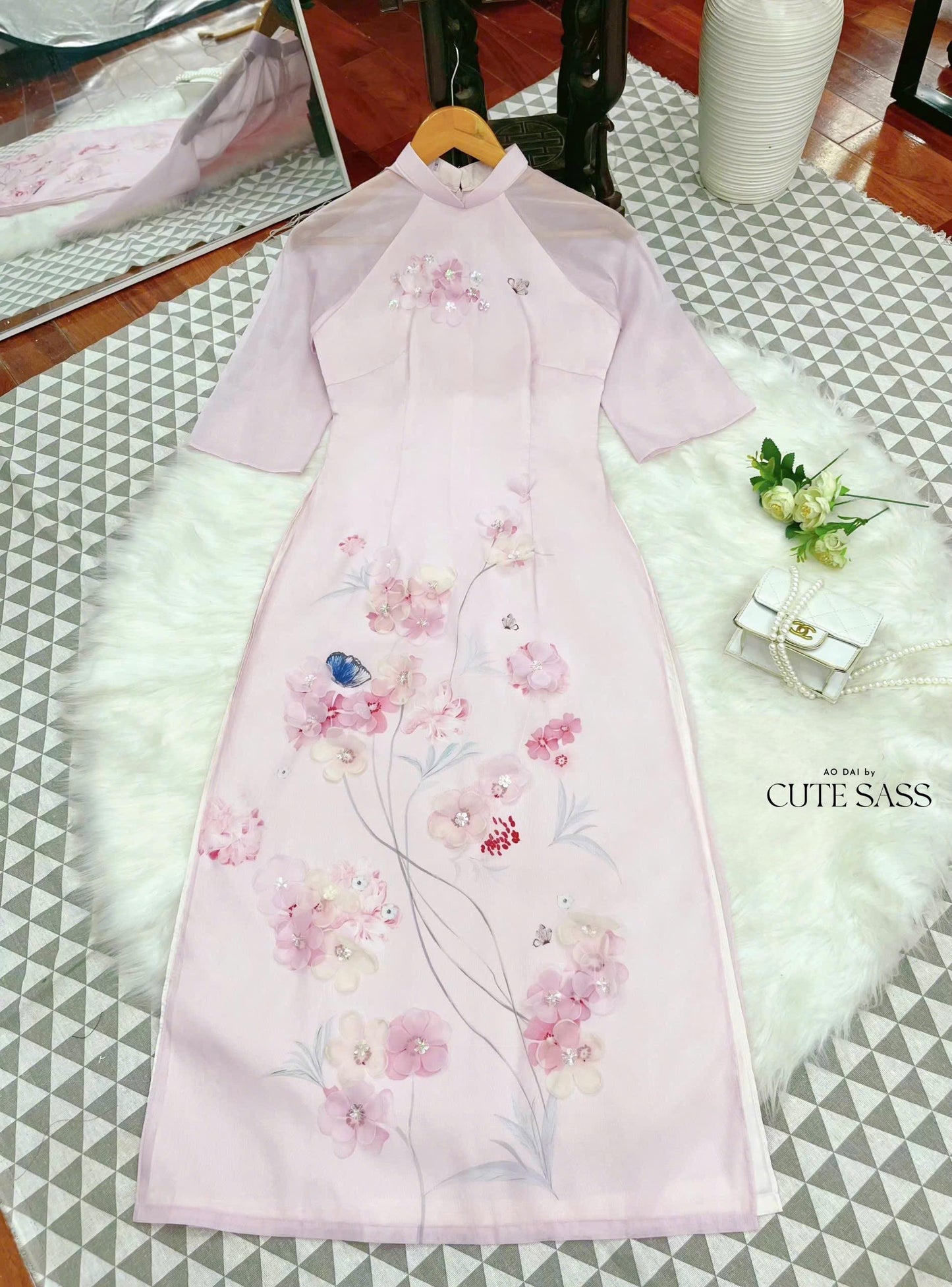 Light Pink 3D Branches Ao Dai Set 26C