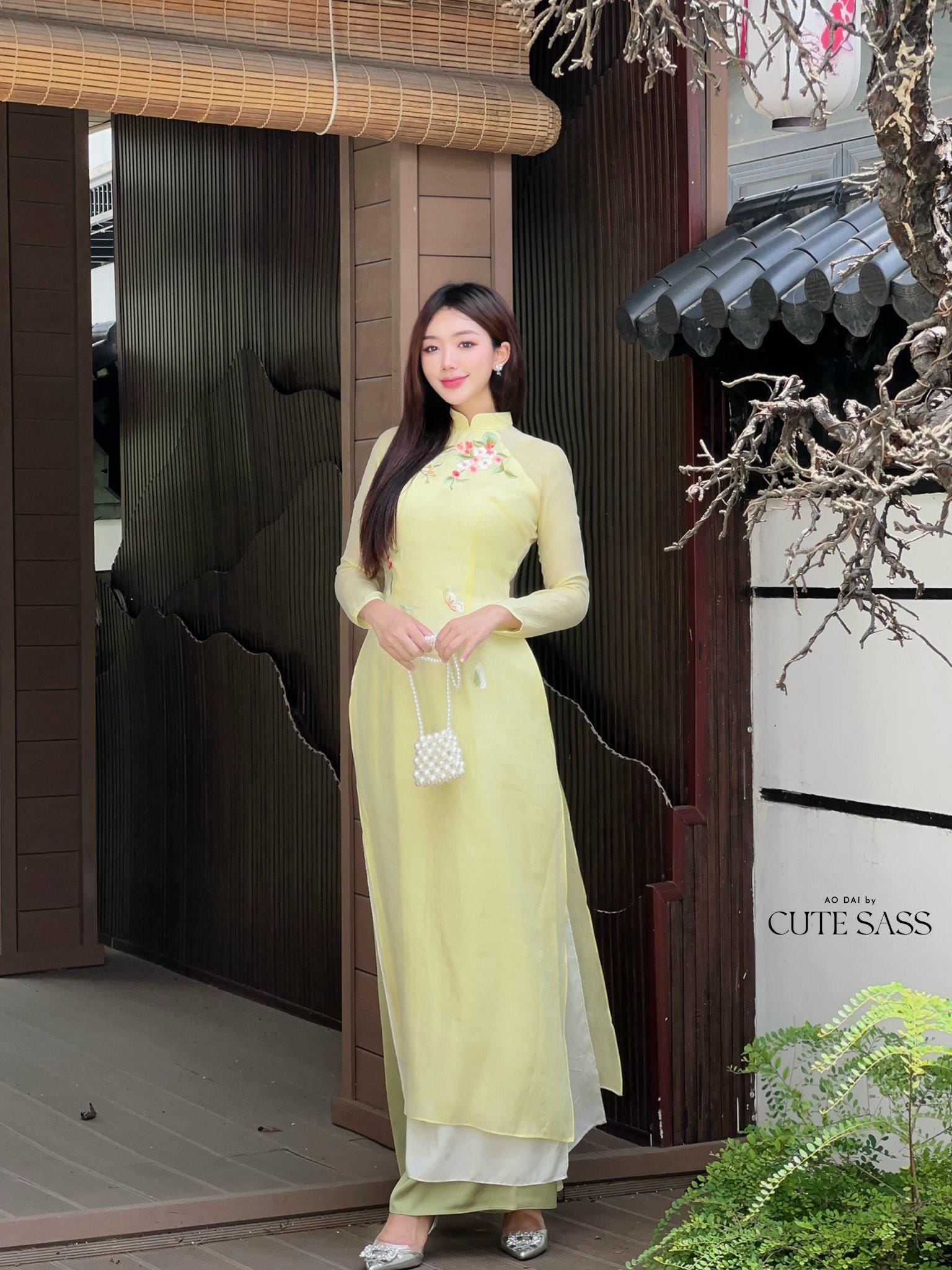 Lime Yellow Embroidery Linh Lan Ao Dai Set 25D