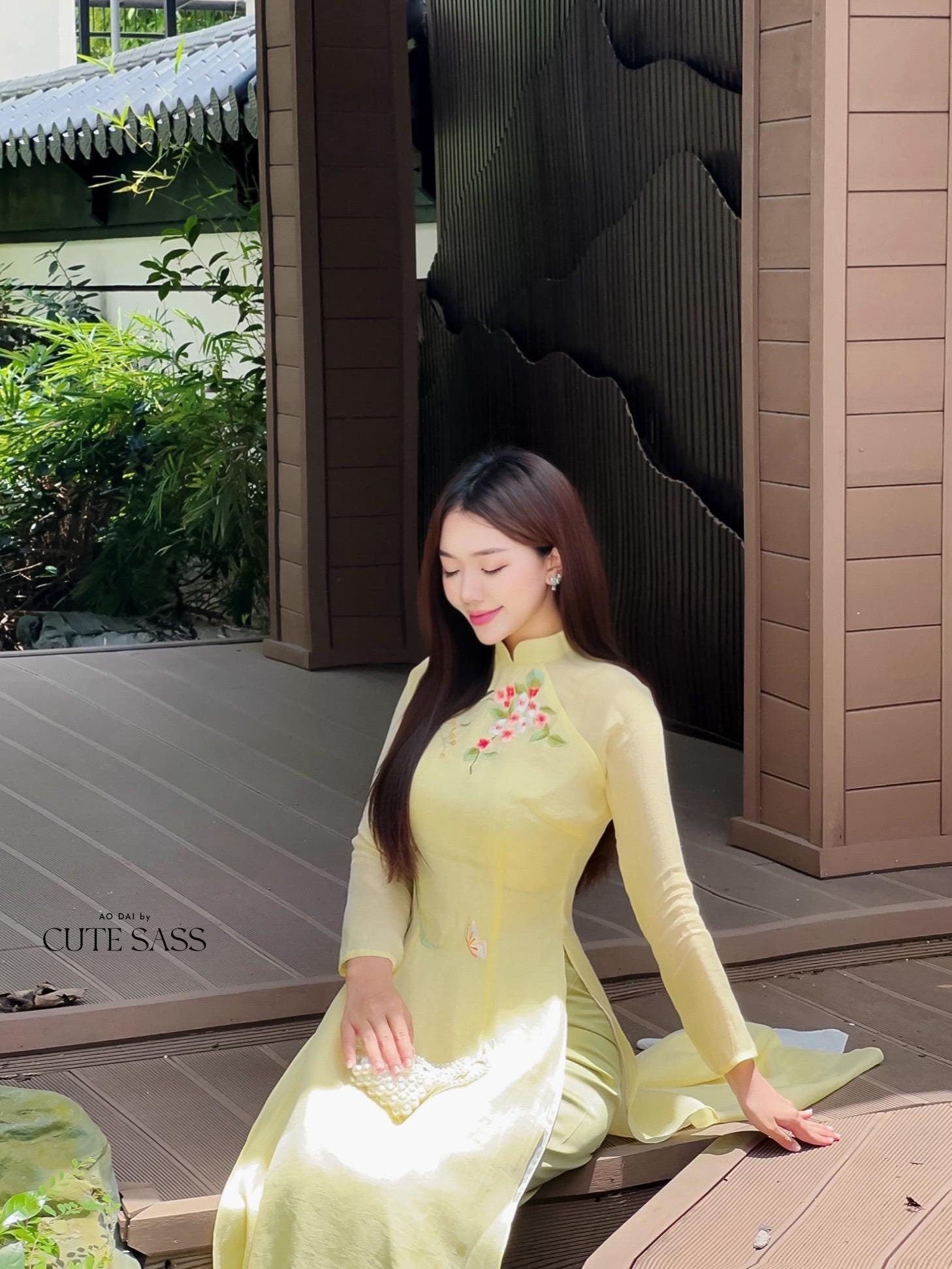 Lime Yellow Embroidery Linh Lan Ao Dai Set 25D