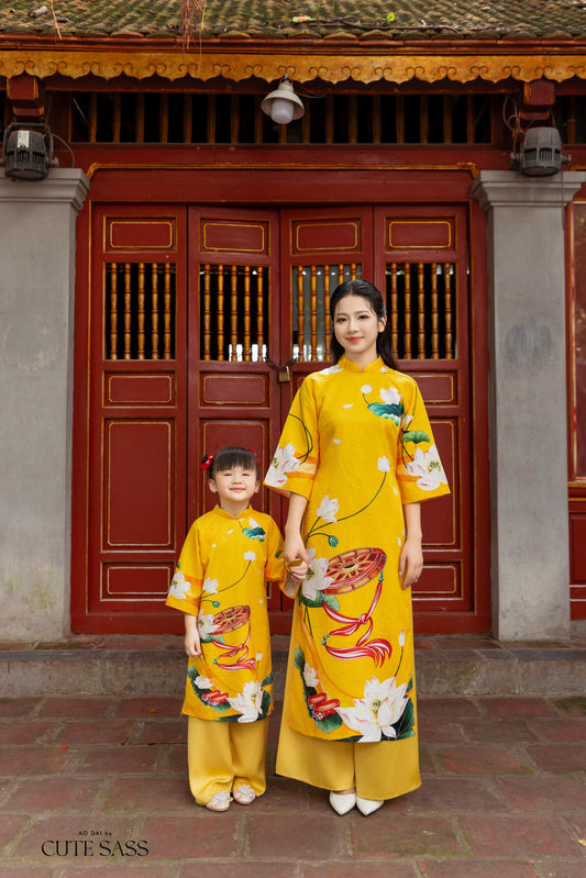 Mom and Daughter Yellow Vibrant Matching Ao Dai Set| Pre-made Traditional Vietnamese Ao Dai | Lunar New Year | Ao Dai for Girl, Mom|