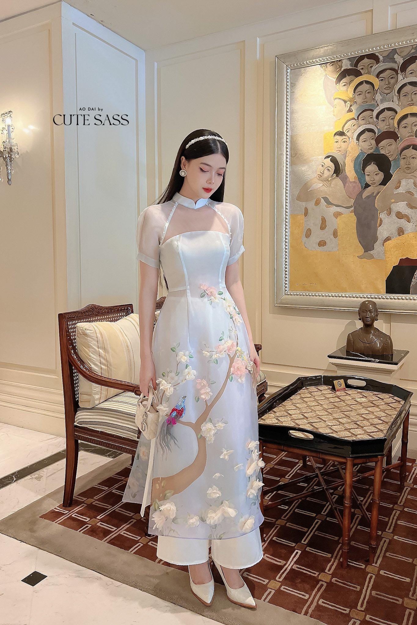 Light Blue Cut Out Ao Dai Set | Pre-made Modernized Vietnamese Ao Dai| Women Ao Dai with Pants| Lunar New Year| Ao Dai Cach Tan