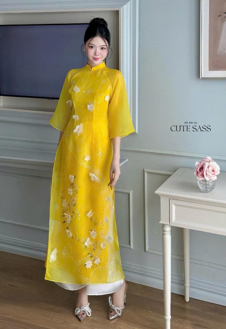 Yellow Mai 3D Branches Ao Dai Set | Pre-made Modernized Vietnamese Ao Dai| Women Ao Dai with Pants| Lunar New Year| Ao Dai Cach Tan