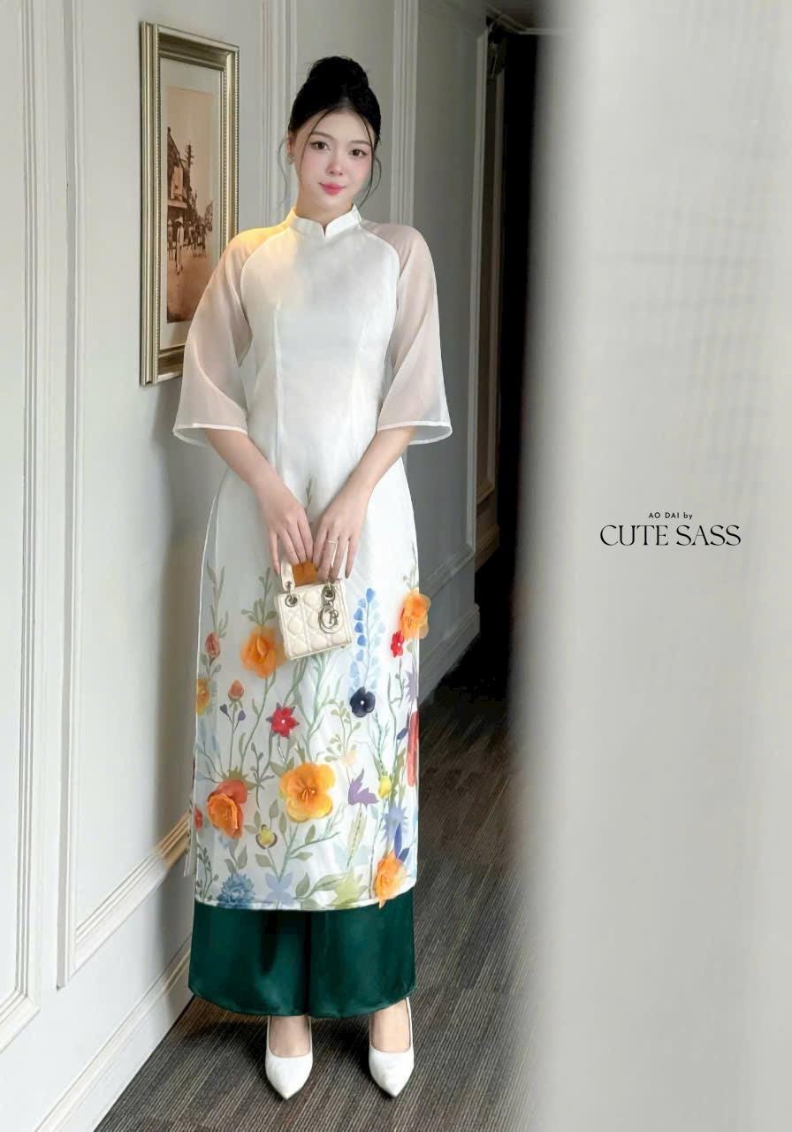 White Flower Garden Field Ao Dai Set | Pre-made Modernized Vietnamese with Pants| Lunar New Year| Ao Dai Cach Tan