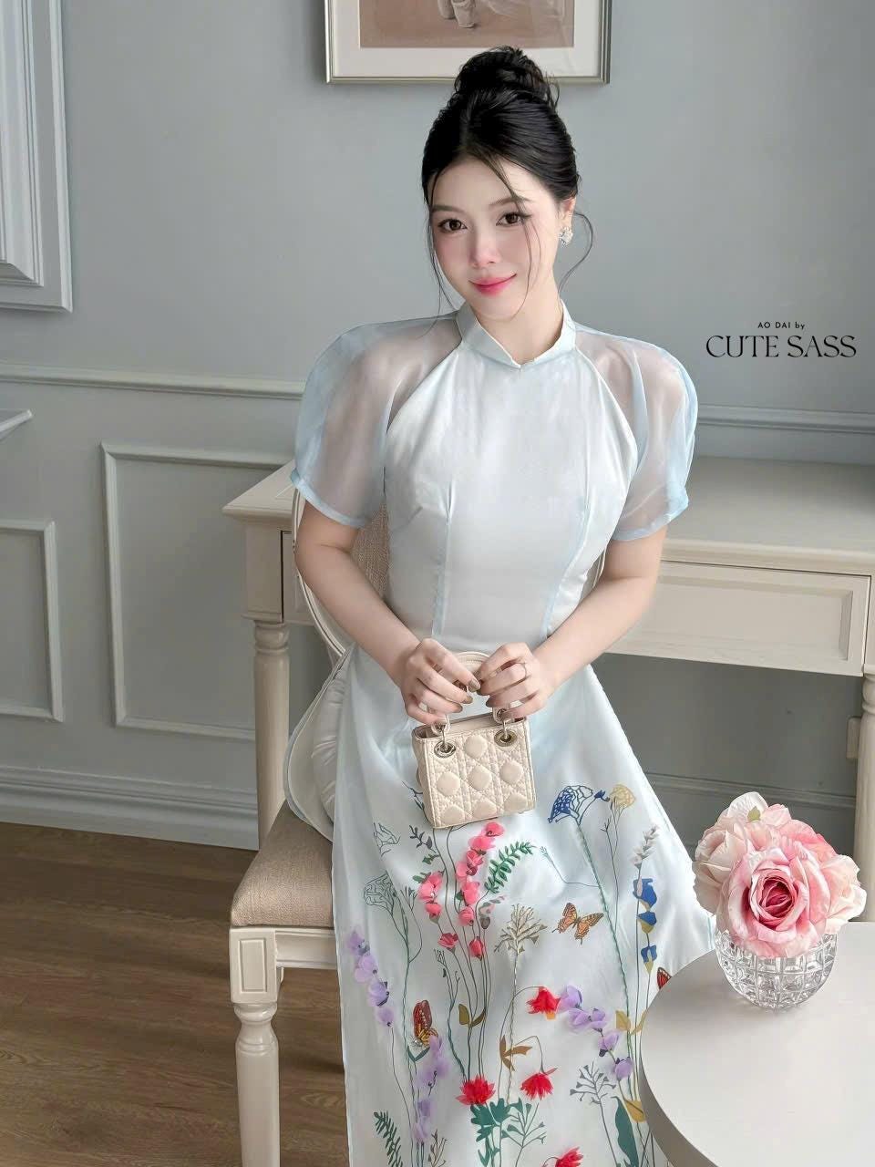 Light Blue Short Sleeves Flower Garden Field Ao Dai Set