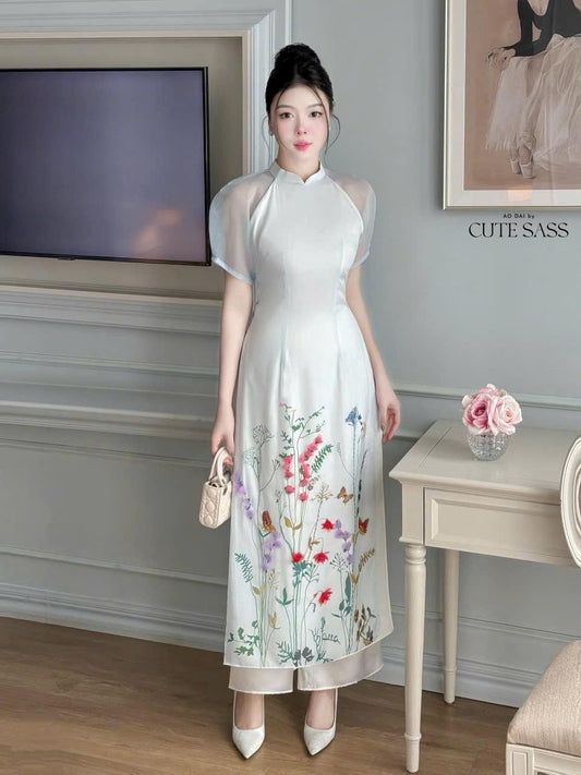 Light Blue Short Sleeves Flower Garden Field Ao Dai Set