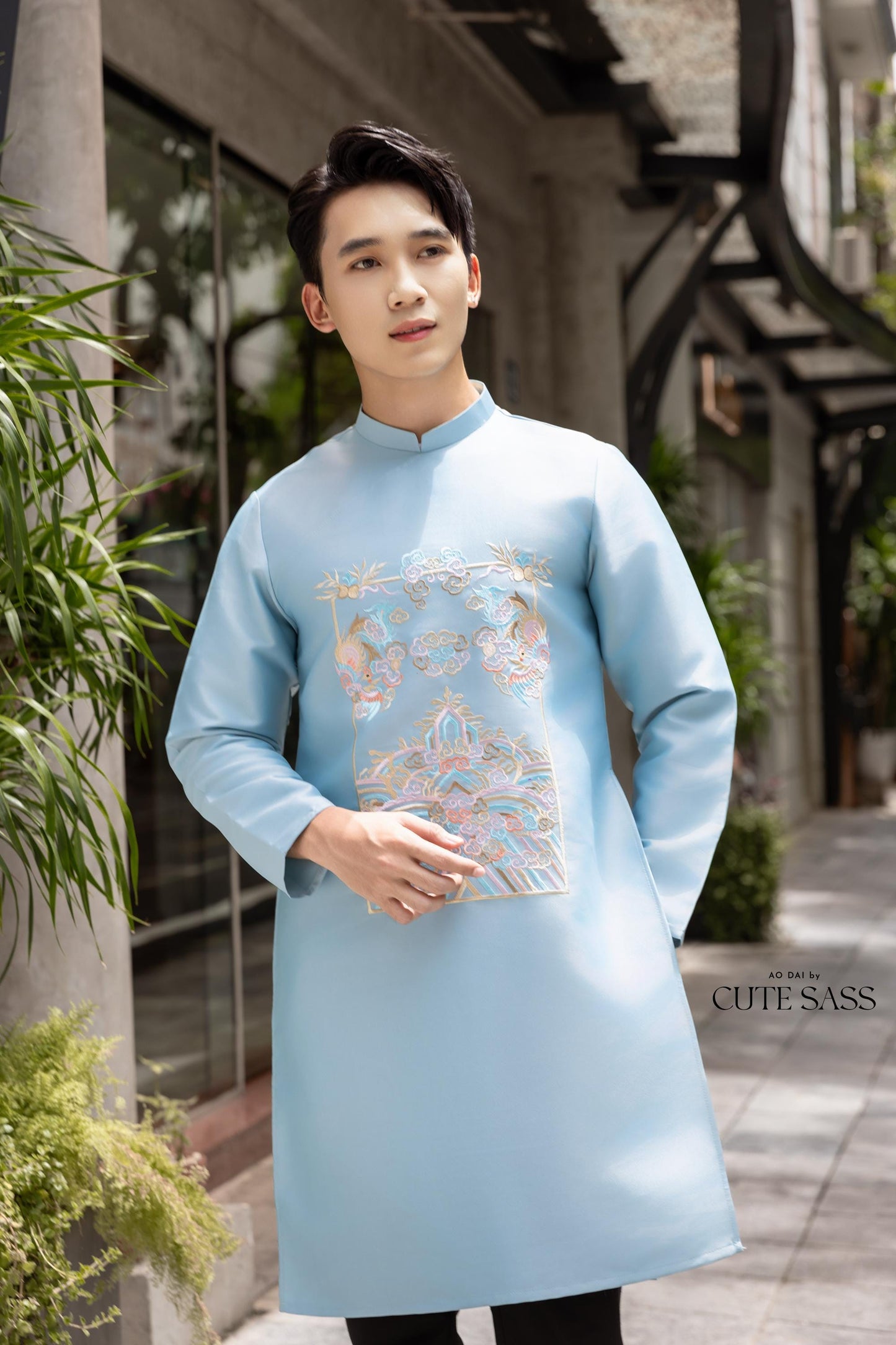 Men Light Blue Embroidered Clouds Ao Dai Gam Top 7A| Pre-made Traditional Vietnamese Ao Dai| Lunar New Year | Ao Dai for Dad | Ao Dai Tet|7A