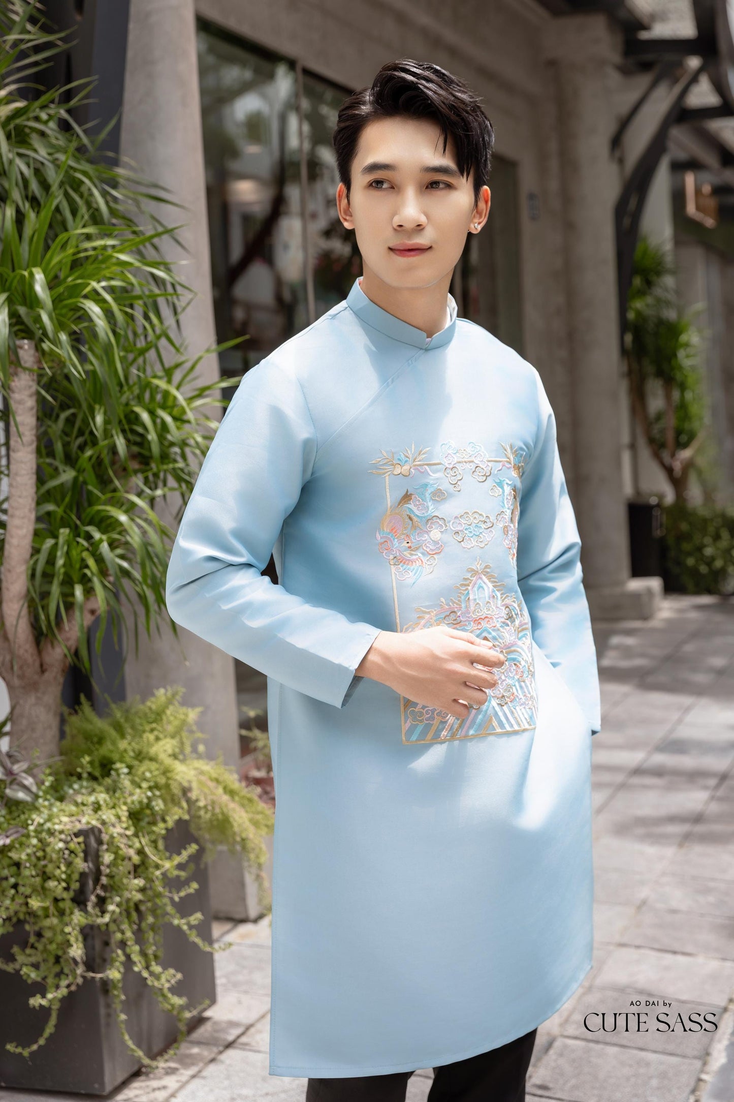 Men Light Blue Embroidered Clouds Ao Dai Gam Top 7A| Pre-made Traditional Vietnamese Ao Dai| Lunar New Year | Ao Dai for Dad | Ao Dai Tet|7A