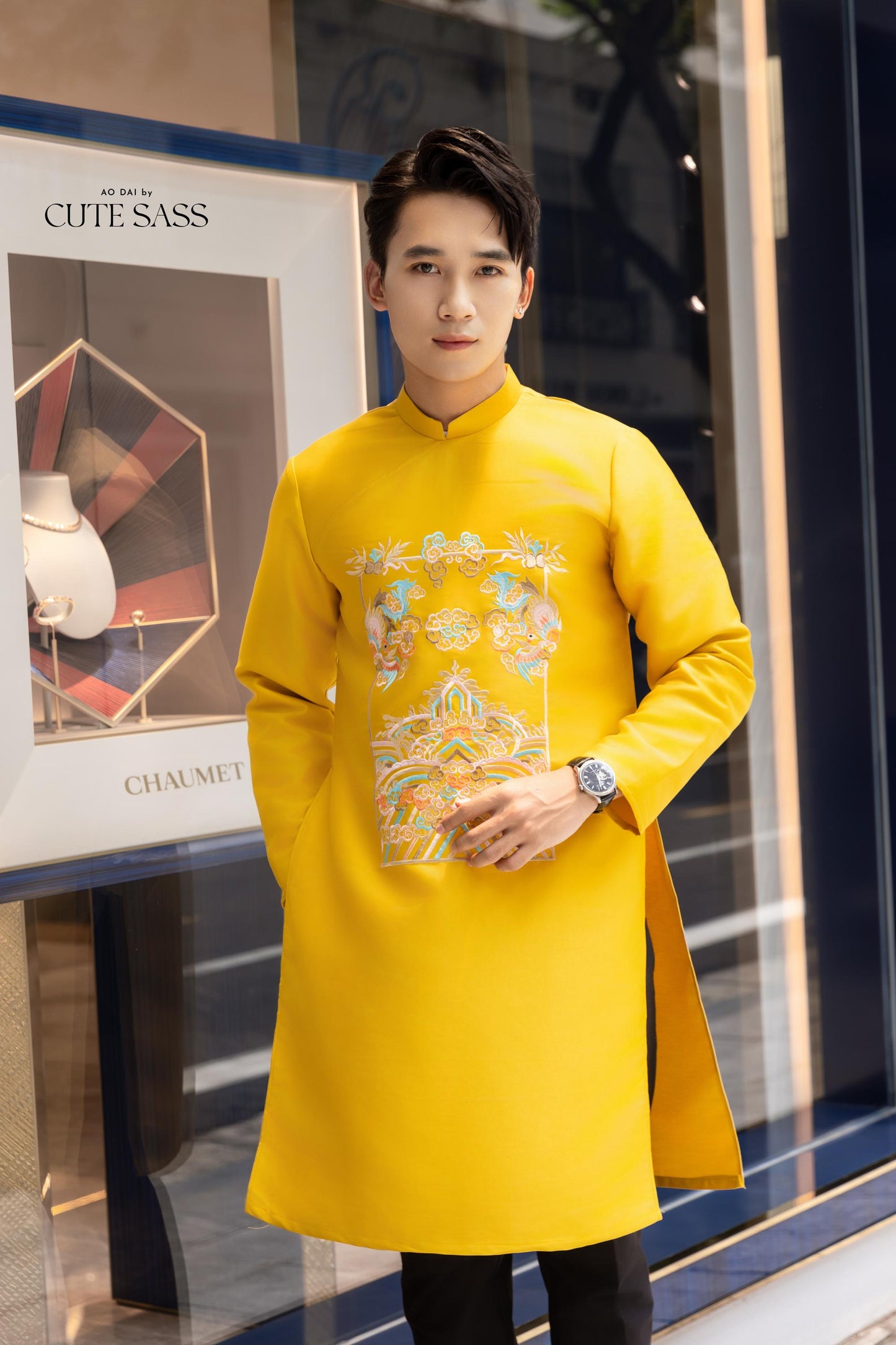 Men Yellow Embroidered Clouds Ao Dai Gam Top 7A| Pre-made Traditional Vietnamese Ao Dai| Lunar New Year | Ao Dai for Dad | Ao Dai Tet|7A