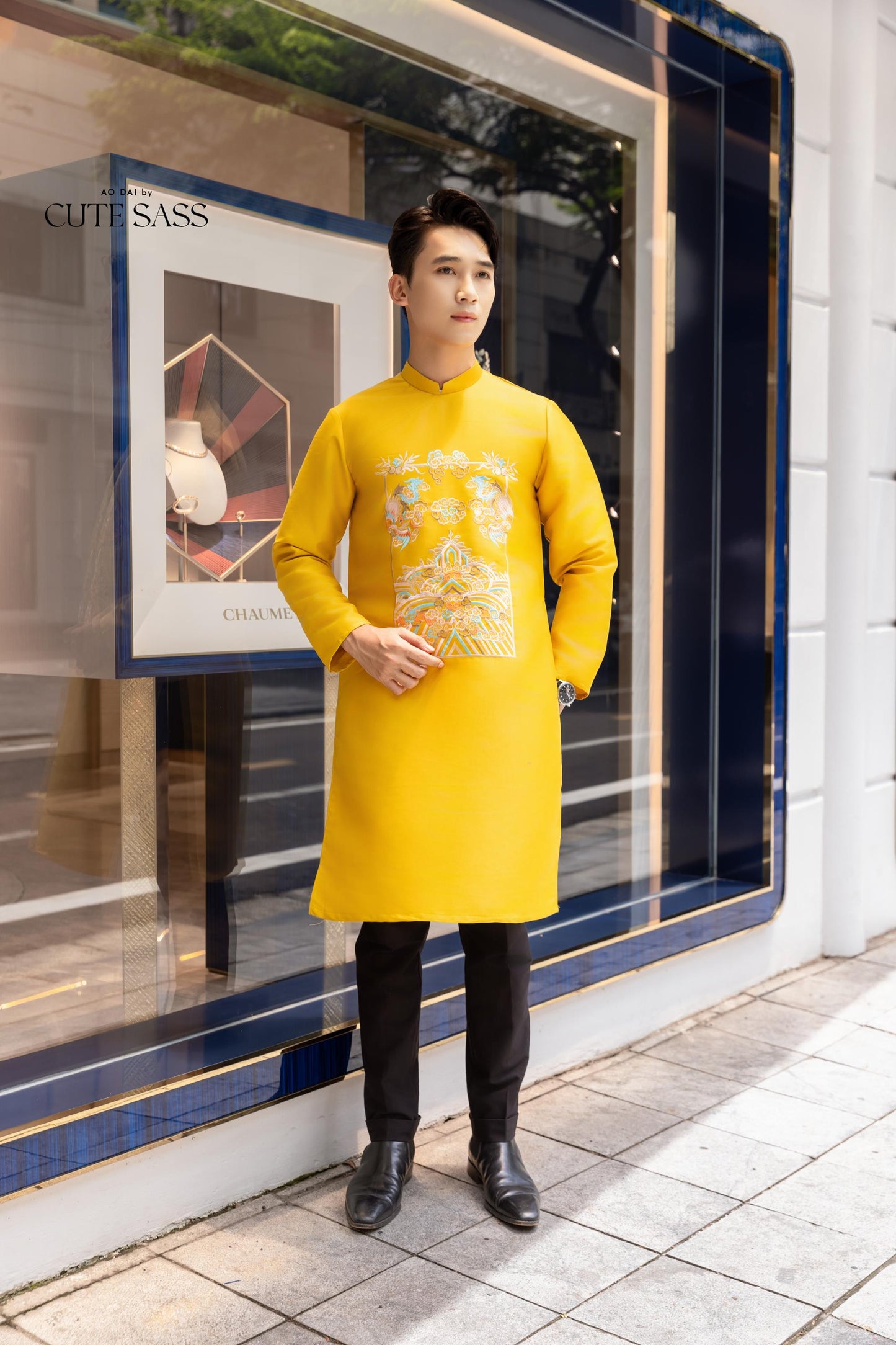 Men Yellow Embroidered Clouds Ao Dai Gam Top 7A| Pre-made Traditional Vietnamese Ao Dai| Lunar New Year | Ao Dai for Dad | Ao Dai Tet|7A