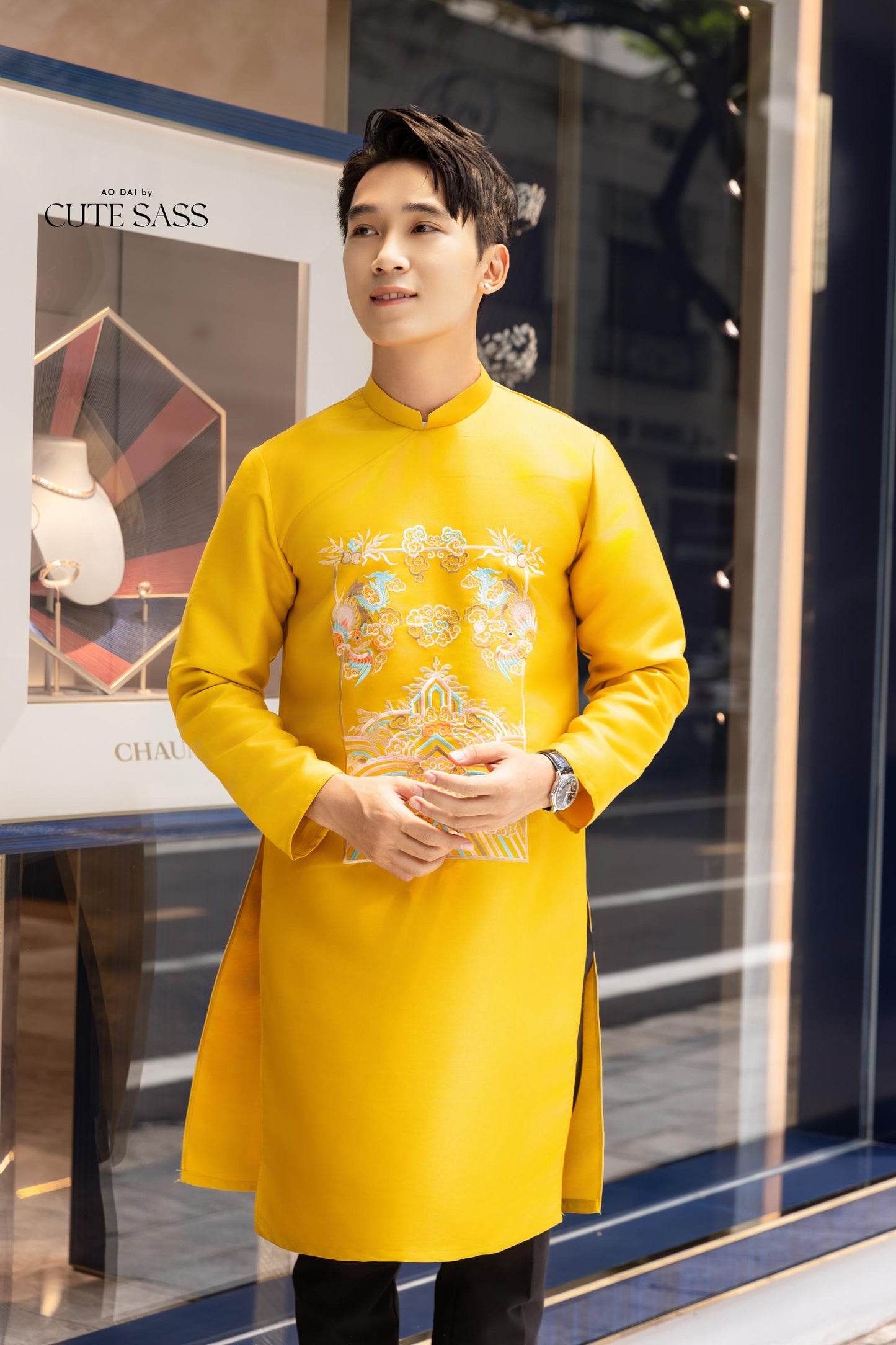 Men Yellow Embroidered Clouds Ao Dai Gam Top 7A| Pre-made Traditional Vietnamese Ao Dai| Lunar New Year | Ao Dai for Dad | Ao Dai Tet|7A