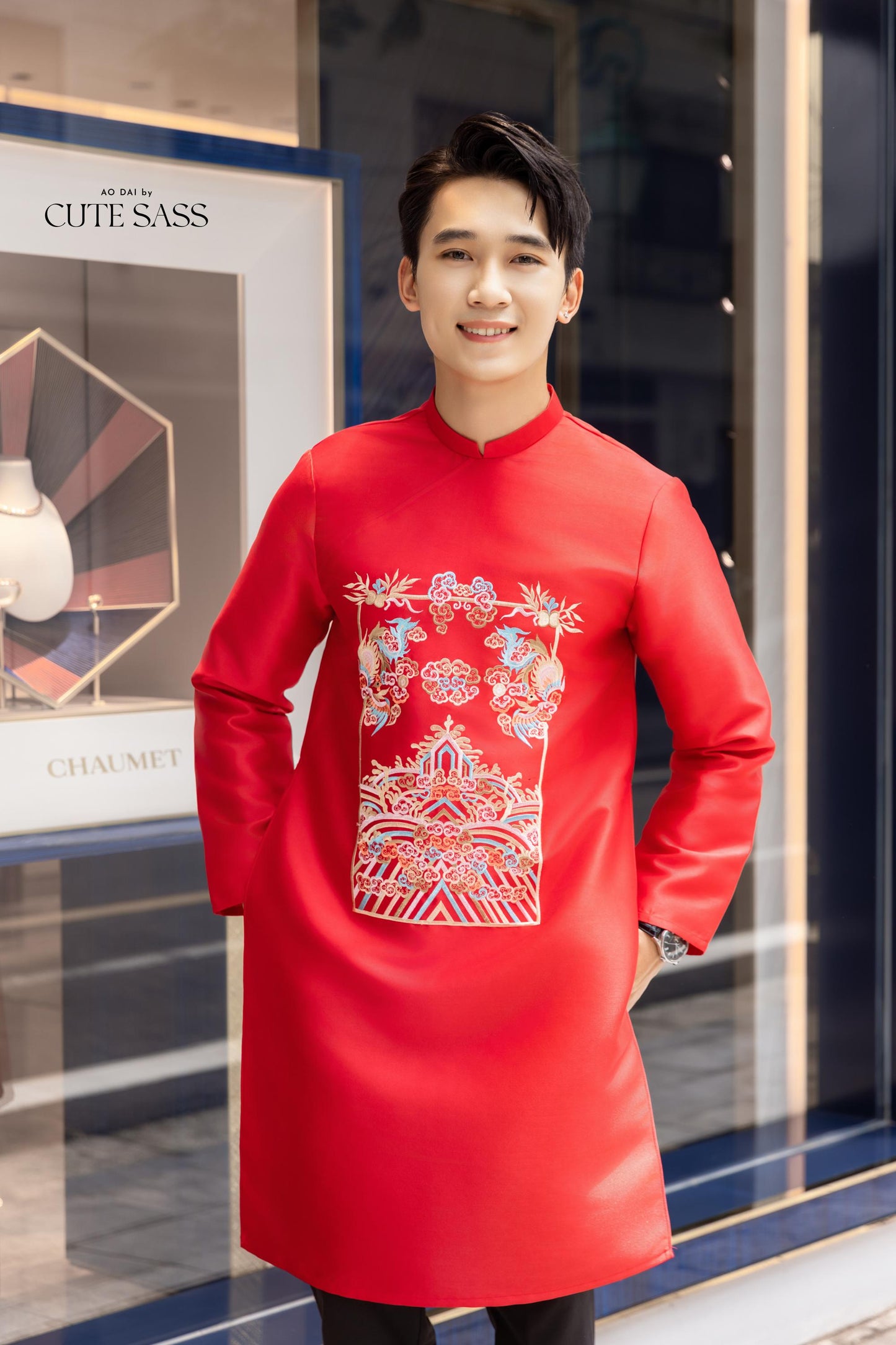 Men Red Embroidered Clouds Ao Dai Gam Top 7A| Pre-made Traditional Vietnamese Ao Dai| Lunar New Year | Ao Dai for Dad | Ao Dai Tet|7A