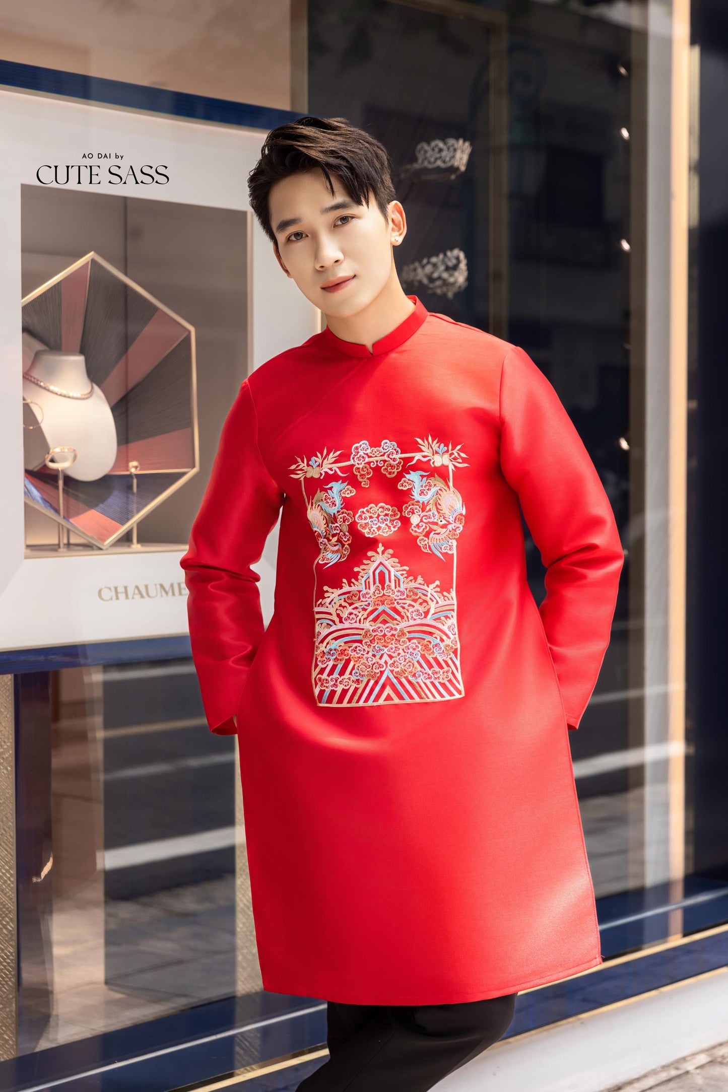 Men Red Embroidered Clouds Ao Dai Gam Top 7A| Pre-made Traditional Vietnamese Ao Dai| Lunar New Year | Ao Dai for Dad | Ao Dai Tet|7A