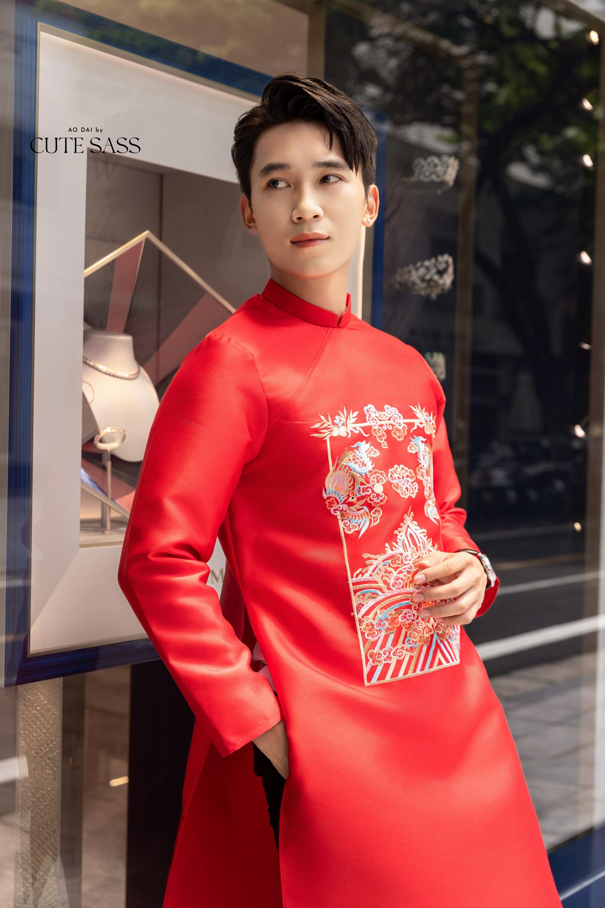 Men Red Embroidered Clouds Ao Dai Gam Top 7A| Pre-made Traditional Vietnamese Ao Dai| Lunar New Year | Ao Dai for Dad | Ao Dai Tet|7A