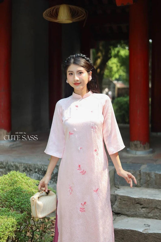 Light Pink Sakura Pearl Gấm Ao Dai Set w/ Hot Pink Gấm Pants