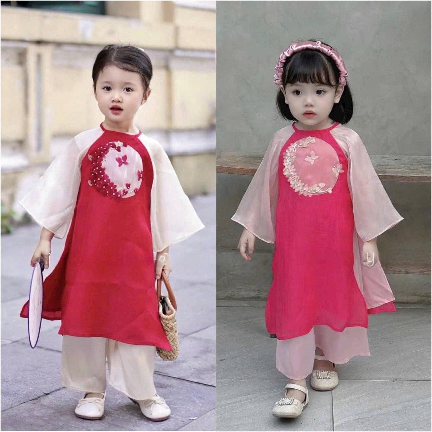 Girl Red/Pink Butterflies Ao Dai Set 24C-D| Pre-made Traditional Vietnamese Ao Dai|Lunar New Year| Kid Ao Dai| Ao Dai for Girl |24C-D