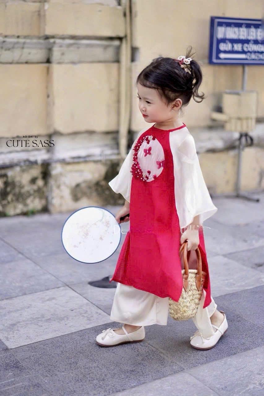 Girl Red/Pink Butterflies Ao Dai Set 24C-D| Pre-made Traditional Vietnamese Ao Dai|Lunar New Year| Kid Ao Dai| Ao Dai for Girl |24C-D