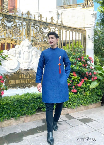 Men Blue Gam Ao Dai Top with Tassel 7A