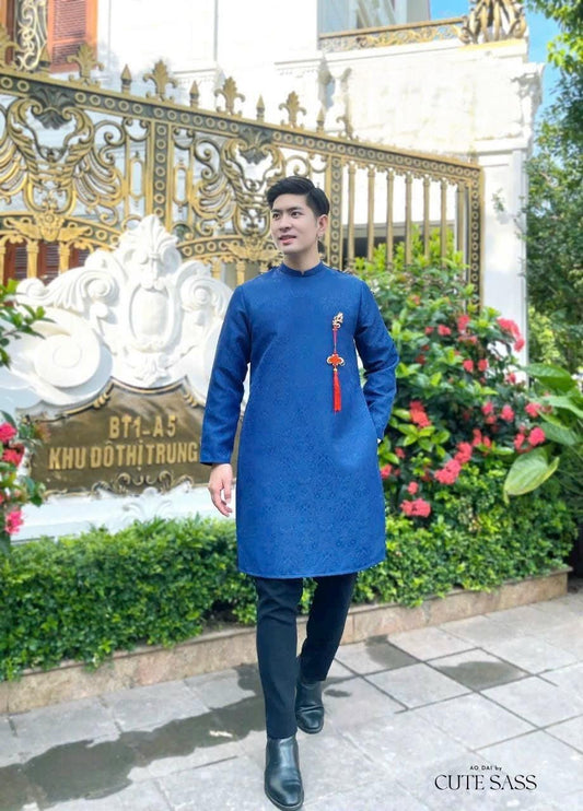 Men Blue Gam Ao Dai Top with Tassel 7A| Pre-made Traditional Vietnamese Ao Dai| Lunar New Year | Ao Dai for Dad, Boy | Ao Dai Tet|7A