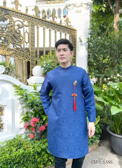 Men Blue Gam Ao Dai Top with Tassel 7A