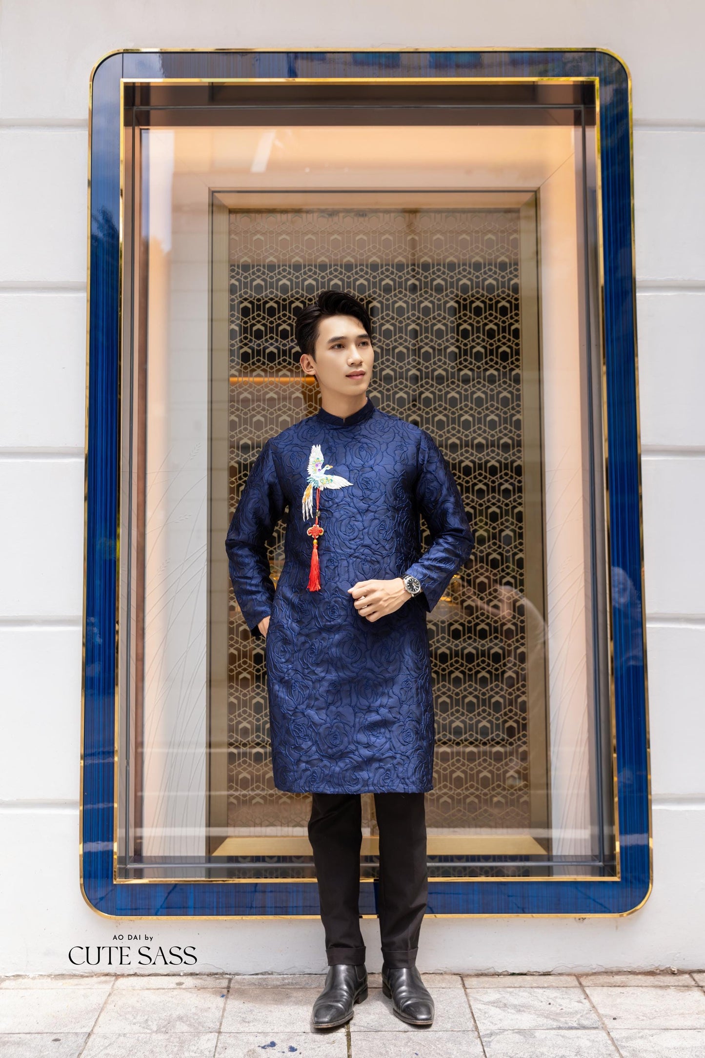 Men Dark Blue Embroidered Phoenix Ao Dai Gam Top