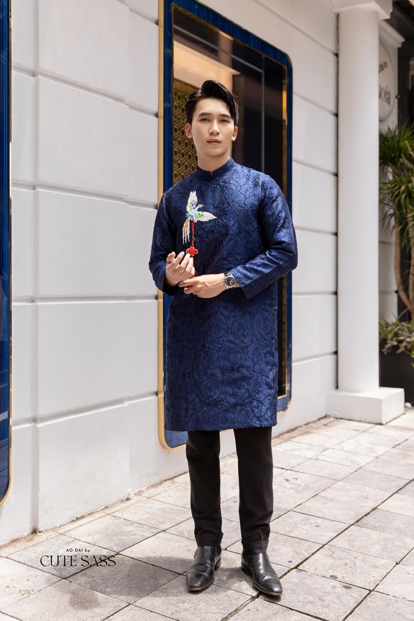 Men Dark Blue Embroidered Phoenix Ao Dai Gam Top