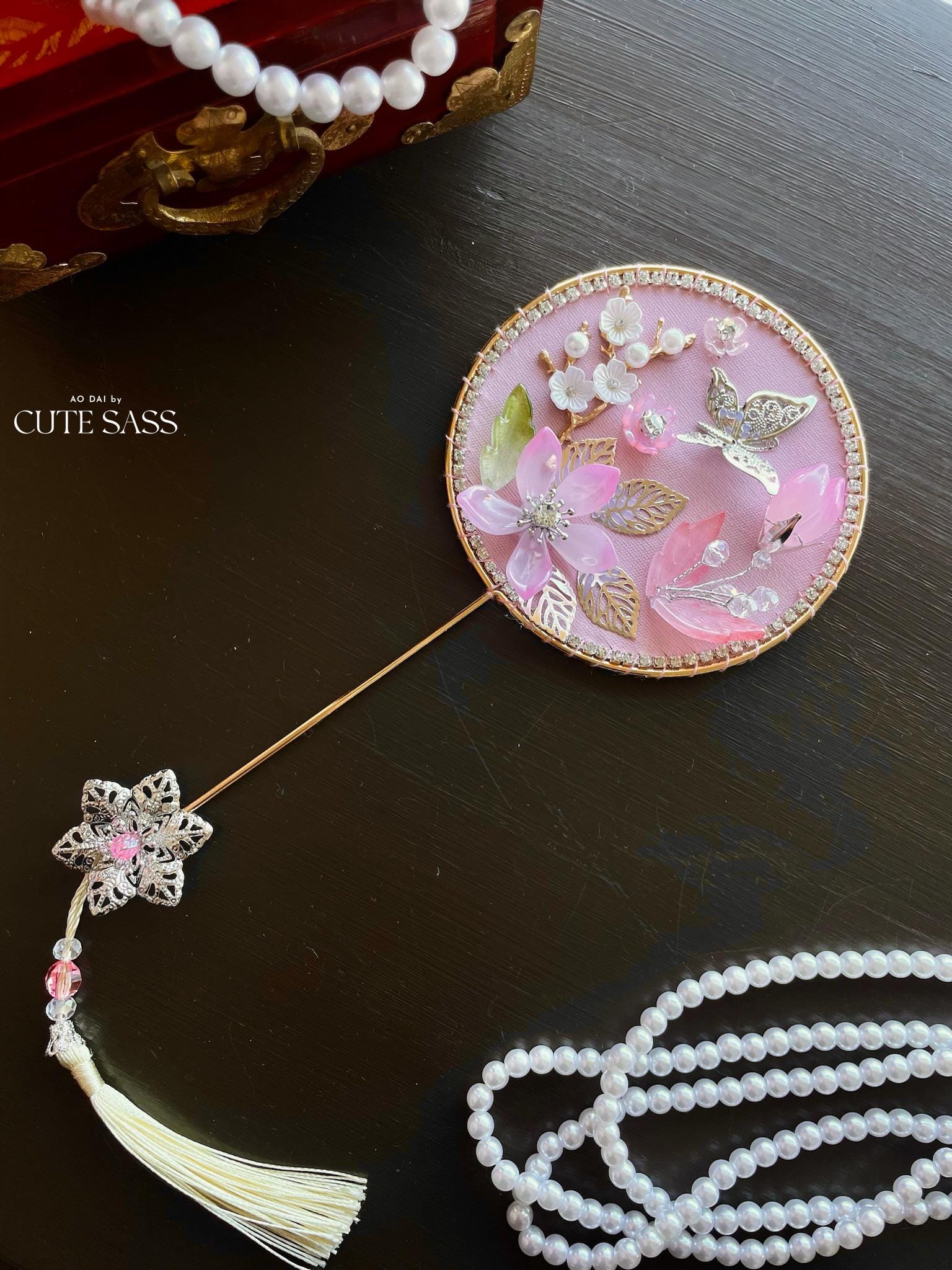 LUNA FLORA Pink Sakura Mini Fan #7| Vietnamese Ao Dai Accessories | Wedding Ao Dai | Bridal Ao Dai| Tet Lunar New Year Headband