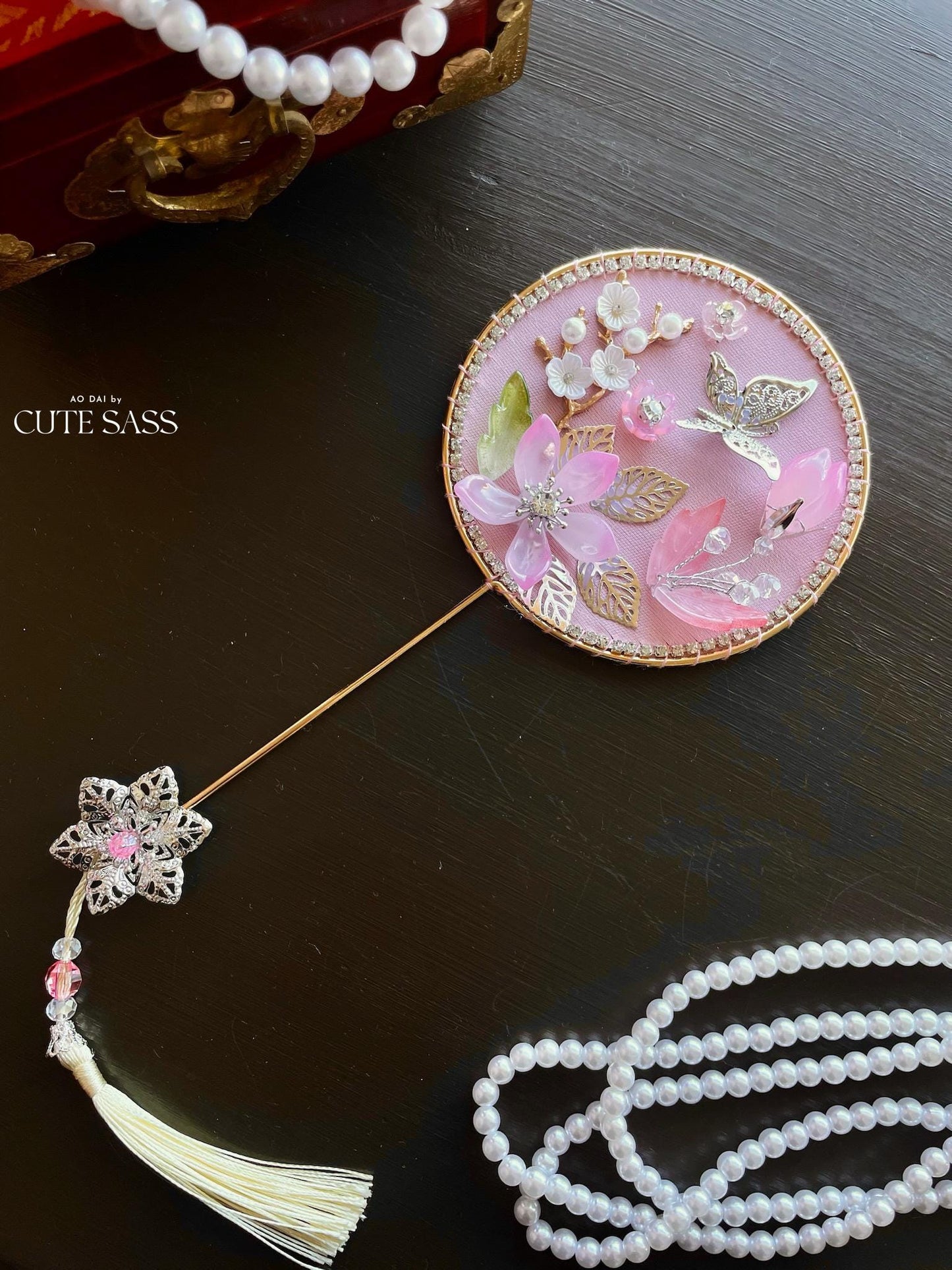 LUNA FLORA Pink Sakura Mini Fan #7| Vietnamese Ao Dai Accessories | Wedding Ao Dai | Bridal Ao Dai| Tet Lunar New Year Headband