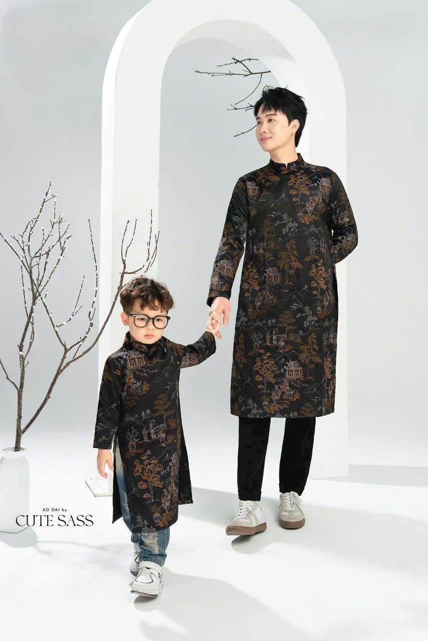 Men and Boy Black Tu Minh Ao Dai Set| Pre-made Vietnamese Ao Dai| Lunar New Year | Ao Dai for Girl, Mom, Dad, Boy | Ao Dai Tet|