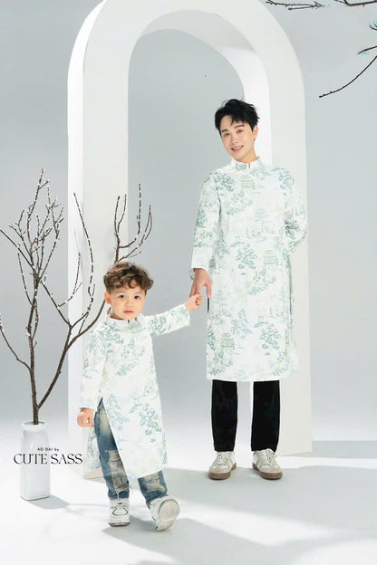 Men and Boy White Tu Minh Ao Dai Set 17C| Pre-made Vietnamese Ao Dai| Lunar New Year | Ao Dai for Girl, Mom, Dad, Boy | Ao Dai Tet|17C