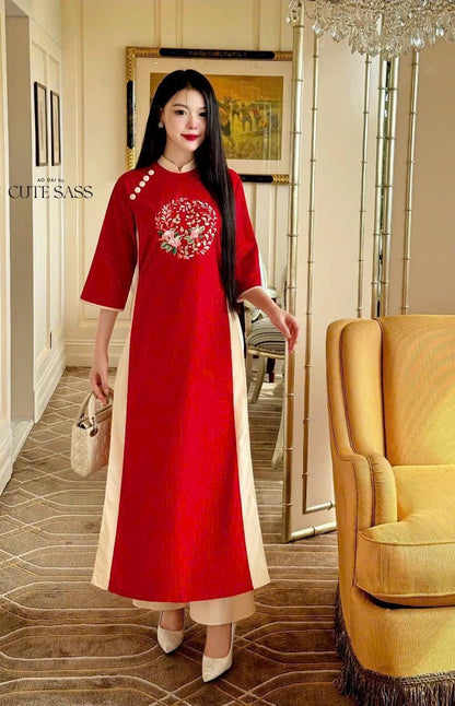 Linen Embroidery Ao Dai Set (6 Colors)