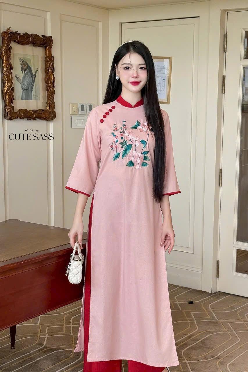 Linen Embroidery Ao Dai Set (6 Colors)