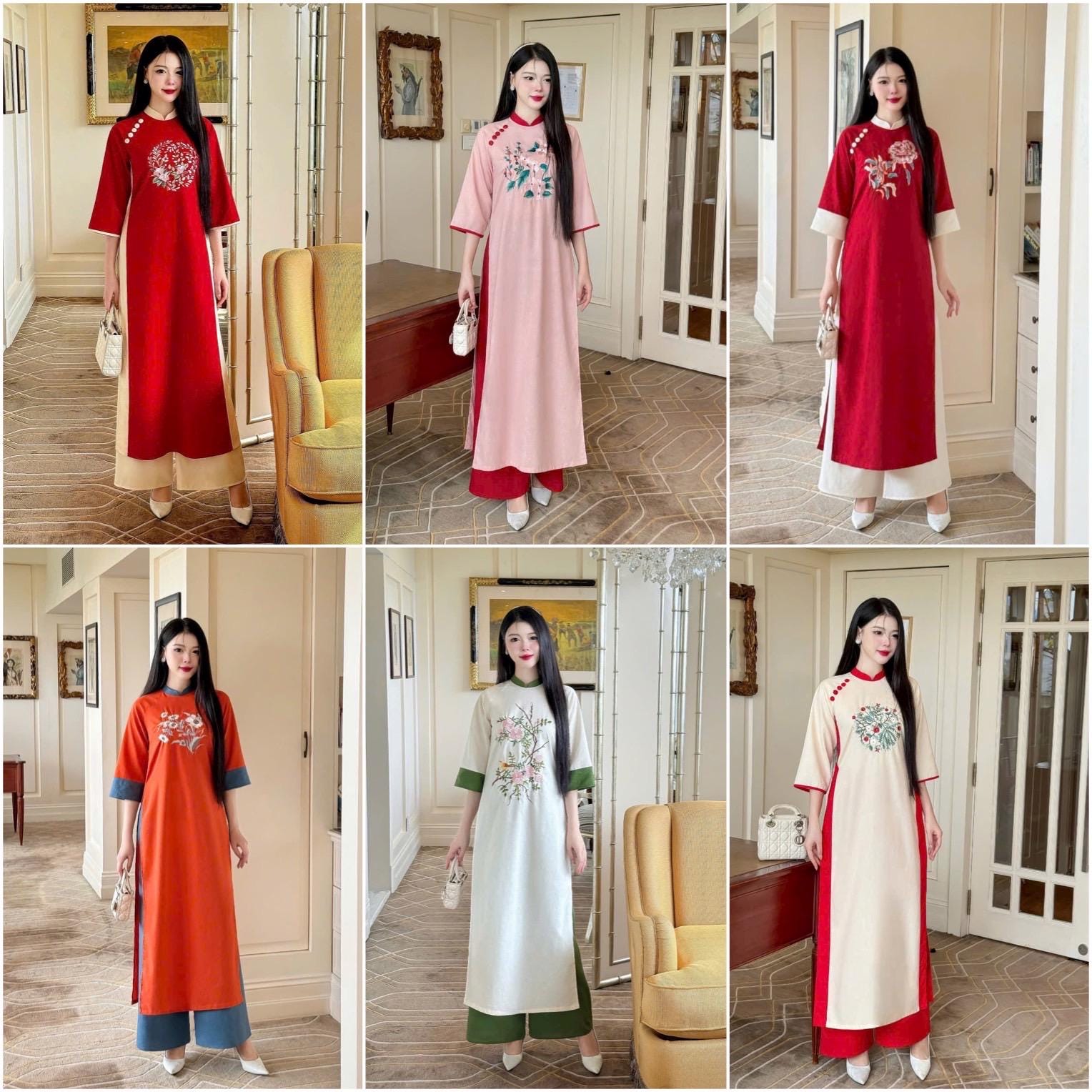 Linen Embroidery Ao Dai Set (6 Colors)