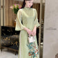 Green Bamboo Embroidery Chiffon Ao Dai Set | Pre-made Traditional Vietnamese Ao Dai|Ao Dai with Pants|Lunar New Year Ao Dai|