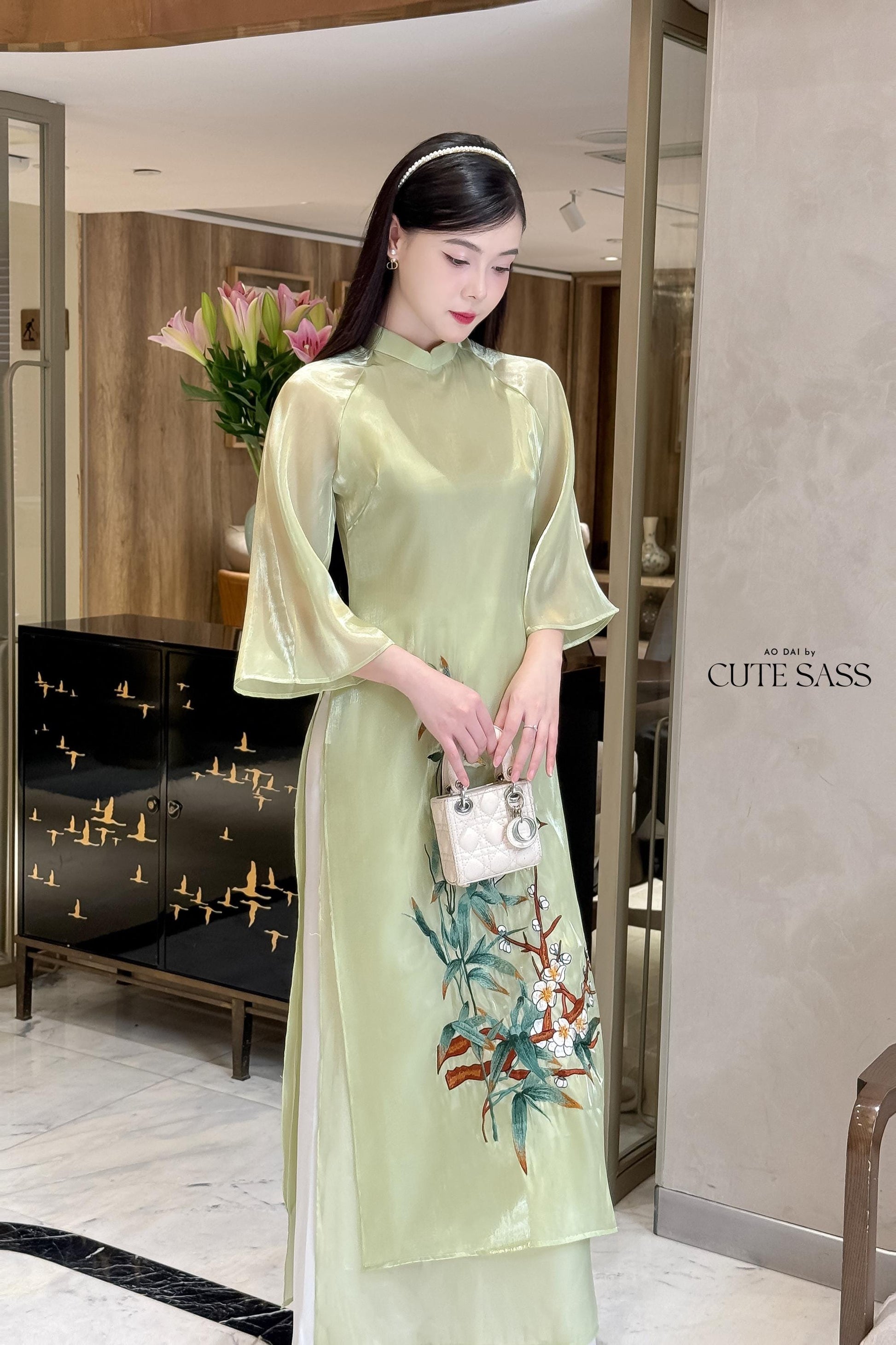 Green Bamboo Embroidery Chiffon Ao Dai Set | Pre-made Traditional Vietnamese Ao Dai|Ao Dai with Pants|Lunar New Year Ao Dai|