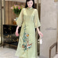 Green Bamboo Embroidery Chiffon Ao Dai Set | Pre-made Traditional Vietnamese Ao Dai|Ao Dai with Pants|Lunar New Year Ao Dai|