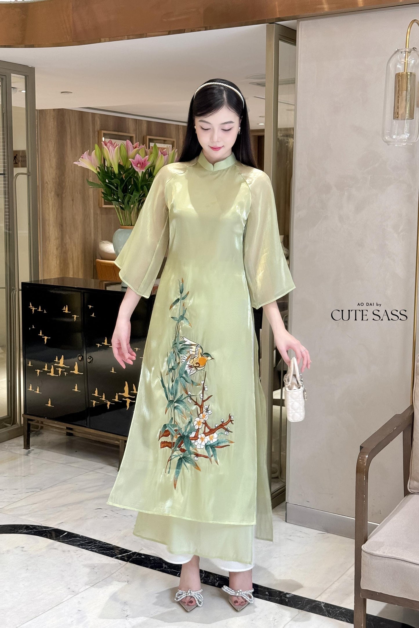 Green Bamboo Embroidery Chiffon Ao Dai Set | Pre-made Traditional Vietnamese Ao Dai|Ao Dai with Pants|Lunar New Year Ao Dai|