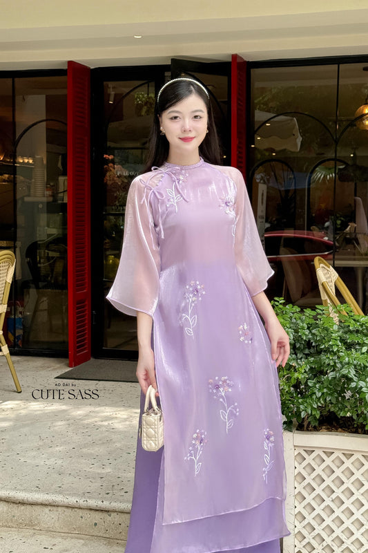 Purple Mini Daisy Embroidery Chiffon Ao Dai Set | Pre-made Traditional Vietnamese Ao Dai|Ao Dai with Pants|Lunar New Year Ao Dai|