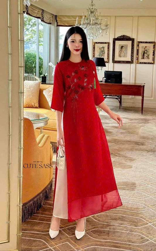 Maroon/Red Sparkle 3D Rose Ao Dai Set with Green Tassel | Pre-made Traditional Vietnamese Ao Dai|Ao Dai with Pants|Lunar New Year Ao Dai|