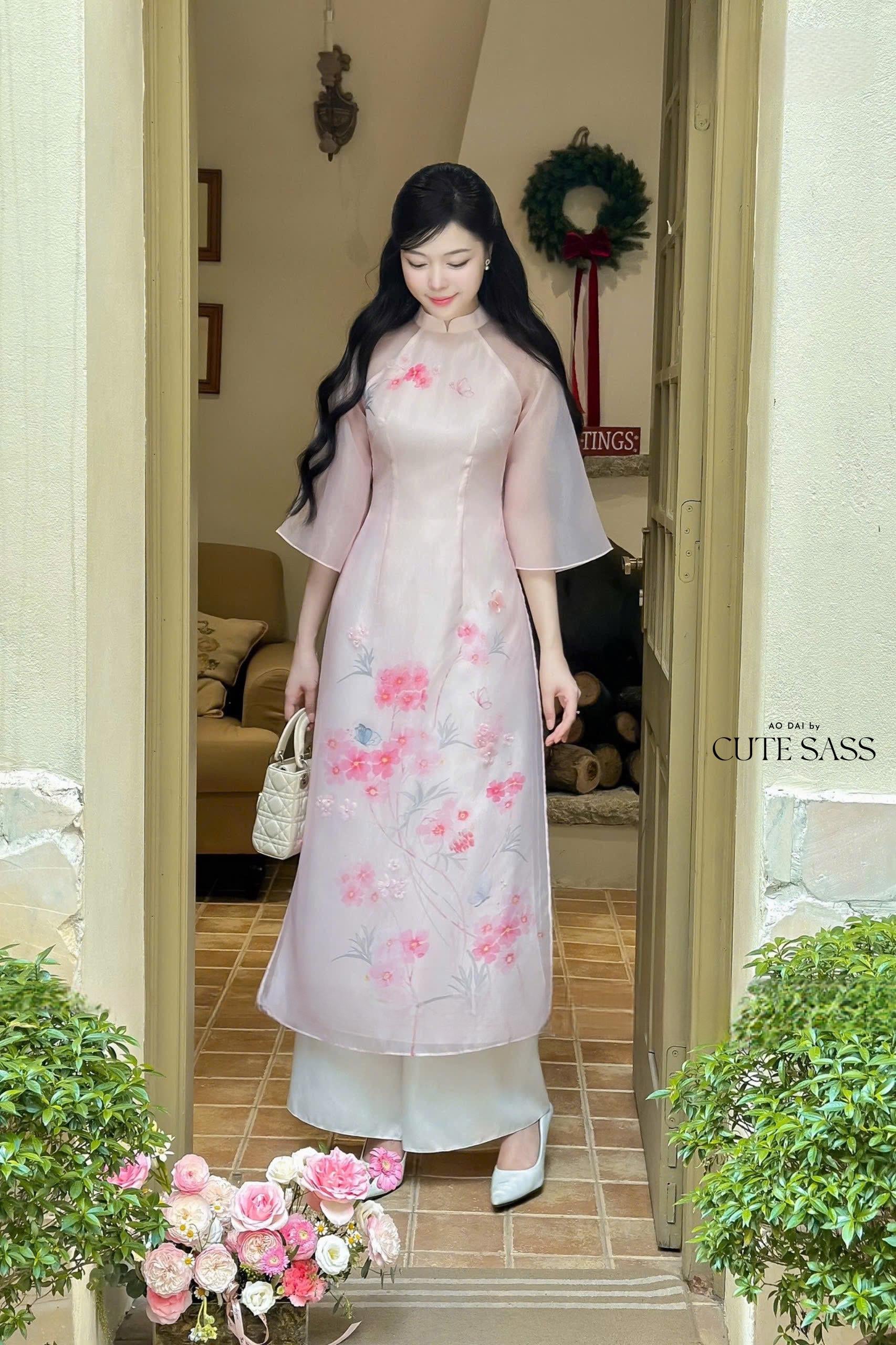 Light Pink 3D Branches Ao Dai Set 26C